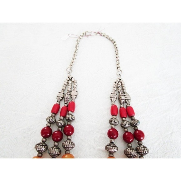 Vintage Three Strand Silver, Deep Red and Butterscotch Beaded Necklace - Picture 3 of 4